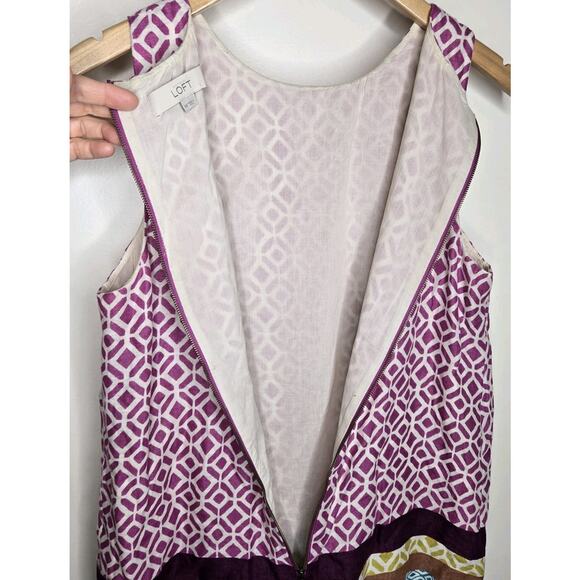 LOFT Sleeveless 100% Linen Patterned Colorblock Summer Dress Size 10 - Picture 7 of 9